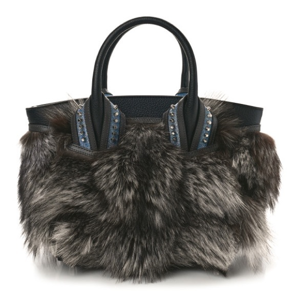CHRISTIAN LOUBOUTIN Calfskin Empire Fox Fur Small Eloise Tote in Silver and Blac - Picture 1 of 15